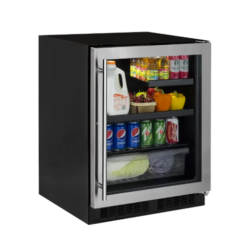 24" Low Profile Beverage Center, Stainless Steel Frame Glass Door, Lock, Reversible Door